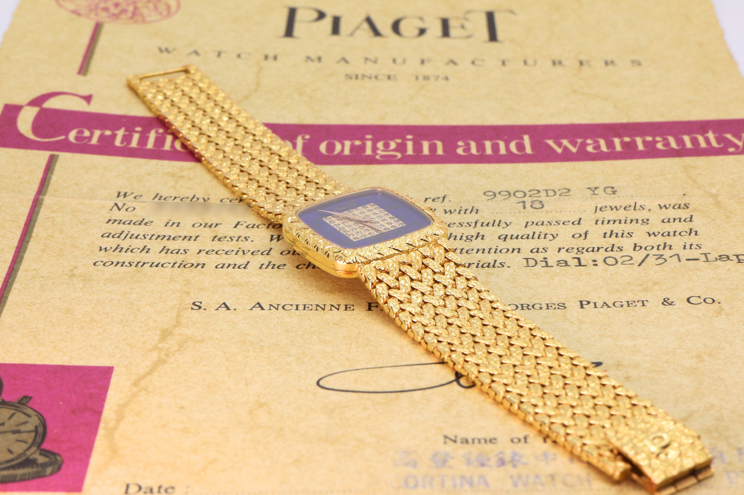 Piaget 18K Yellow Gold Lapis & Diamonds Dial Square Case 23mm Manual Wind