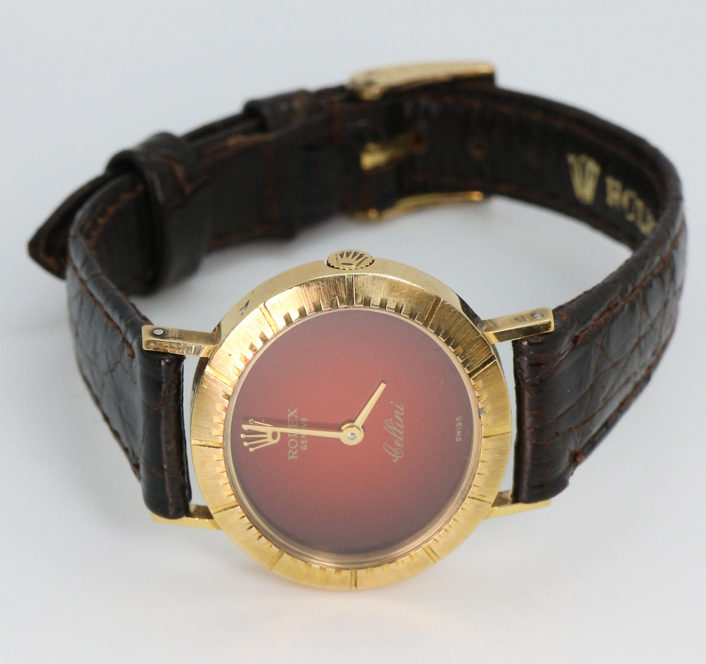 Rolex Cellini Ref: 4081 Red Vignette Dial ŵ Papers Manual Wind 18K Yellow Gold