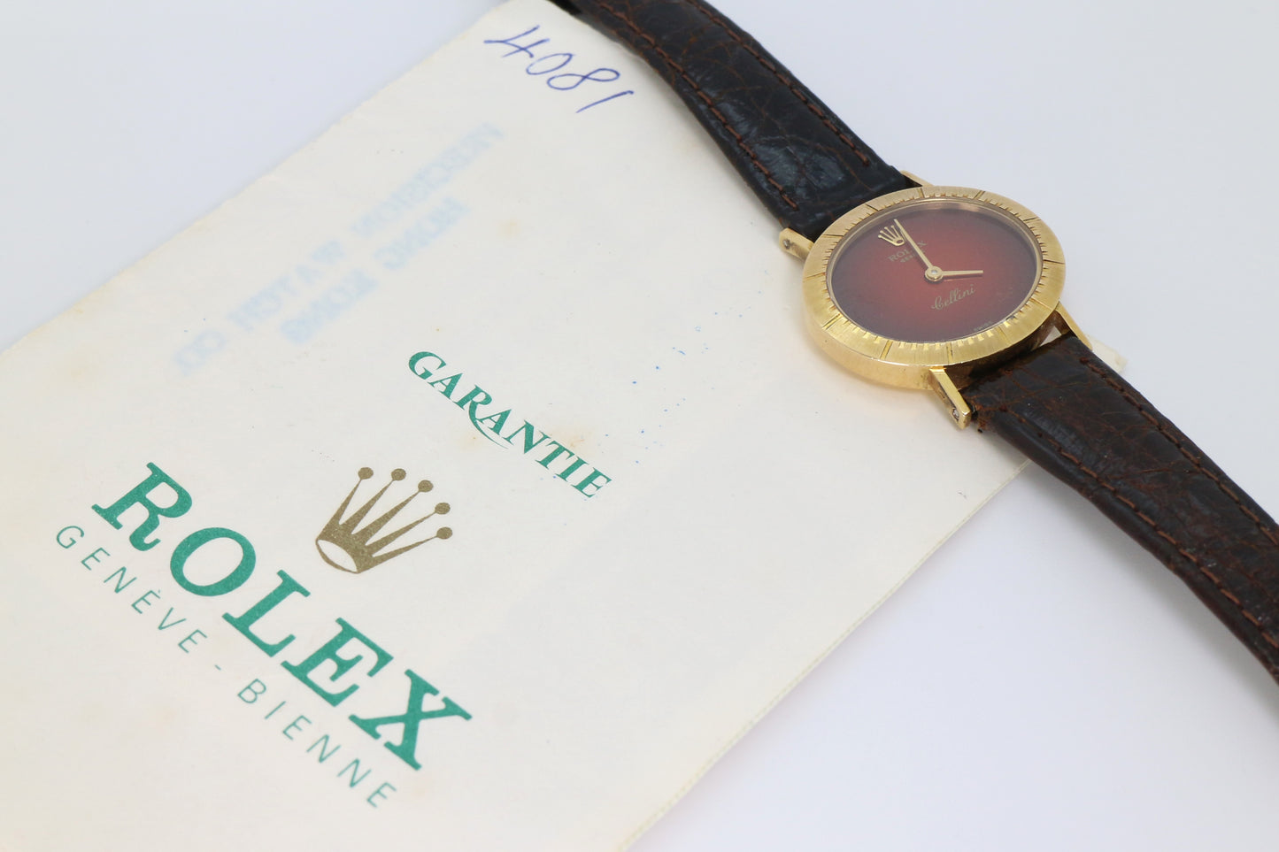 Rolex Cellini Ref: 4081 Red Vignette Dial ŵ Papers Manual Wind 18K Yellow Gold