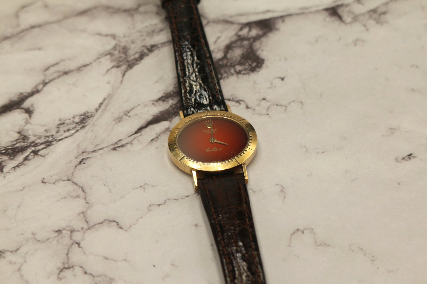 Rolex Cellini Ref: 4081 Red Vignette Dial ŵ Papers Manual Wind 18K Yellow Gold
