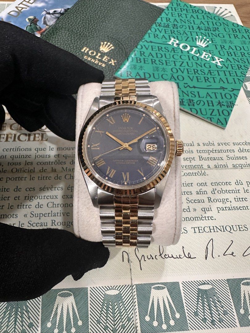 Rolex DateJust 36 Ref: 16013 Two-Tone ŵ Rare Blue Buckley Dial Papers