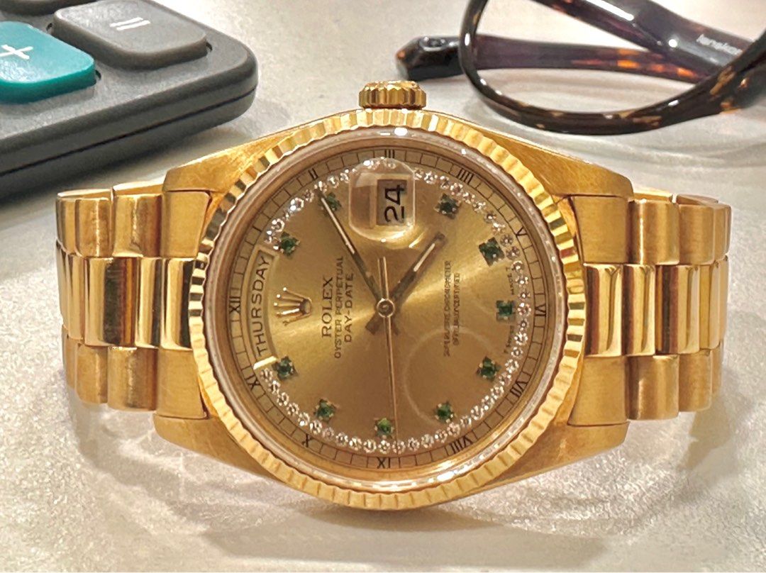 Rolex Day-Date 18238 Gold String Diamond Emerald Hour Markers Dial