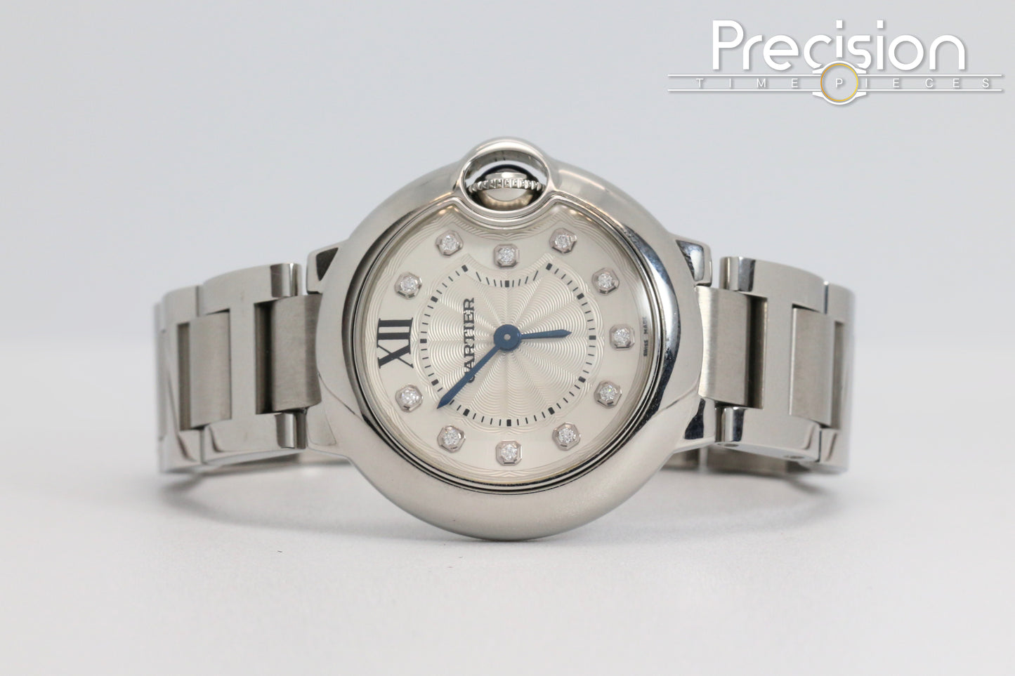 Cartier Ballon Bleu Ref: 3009 28mm Quartz Full Set White Guilloché Diamonds Dial