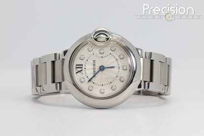 Cartier Ballon Bleu Ref: 3009 28mm Quartz Full Set White Guilloché Diamonds Dial