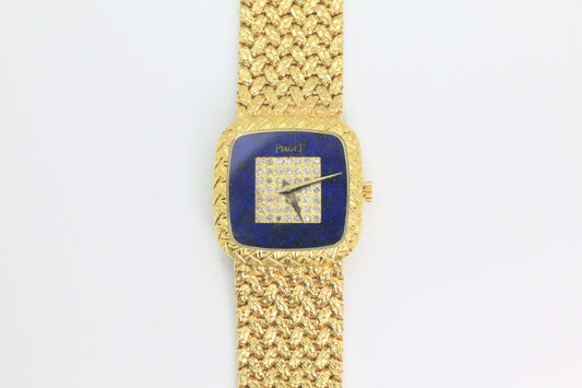 Piaget 18K Yellow Gold Lapis & Diamonds Dial Square Case 23mm Manual Wind