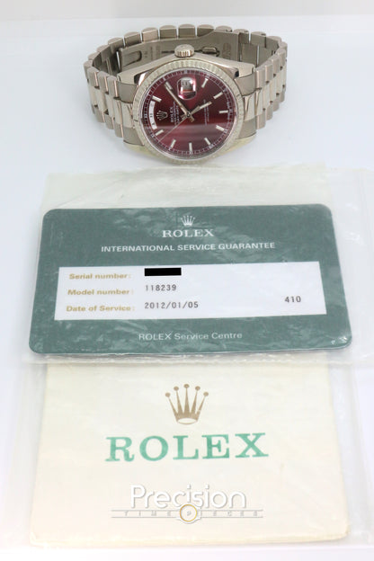 Rolex Day-Date Ref: 118239 🔥Rare🔥Cherry Red Dial ŵ Papers + RSC Service Card