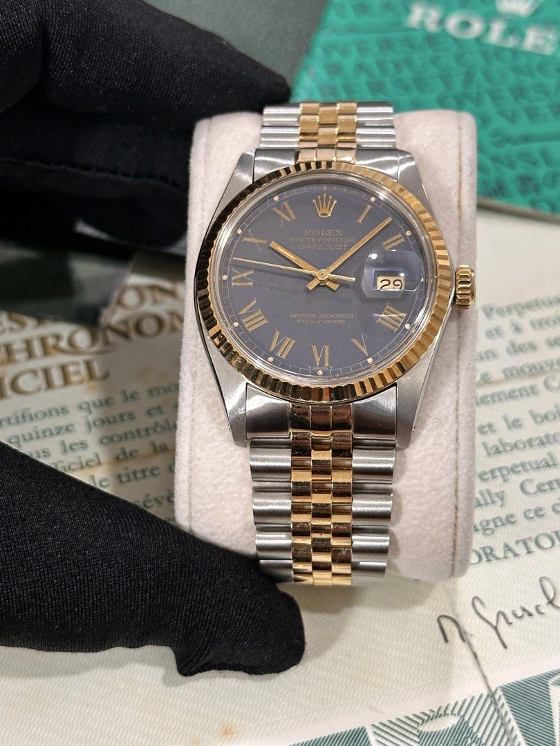 Rolex DateJust 36 Ref: 16013 Two-Tone ŵ Rare Blue Buckley Dial Papers