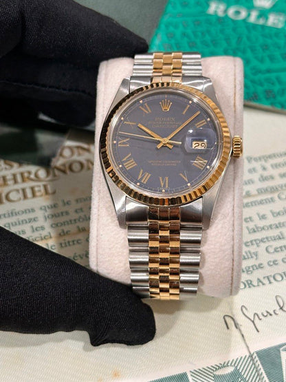 Rolex DateJust 36 Ref: 16013 Two-Tone ŵ Rare Blue Buckley Dial Papers