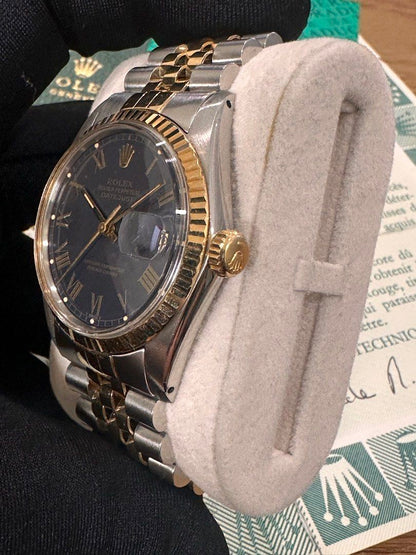 Rolex DateJust 36 Ref: 16013 Two-Tone ŵ Rare Blue Buckley Dial Papers
