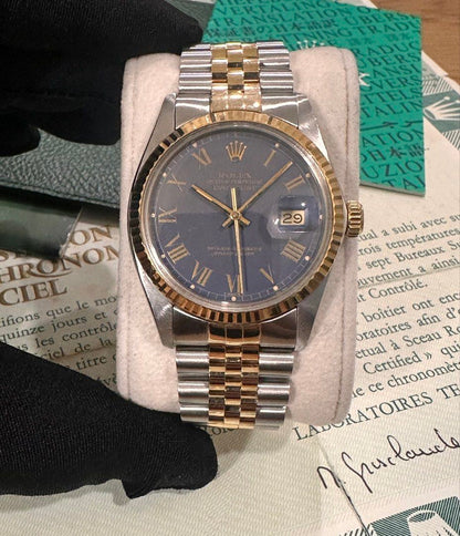 Rolex DateJust 36 Ref: 16013 Two-Tone ŵ Rare Blue Buckley Dial Papers