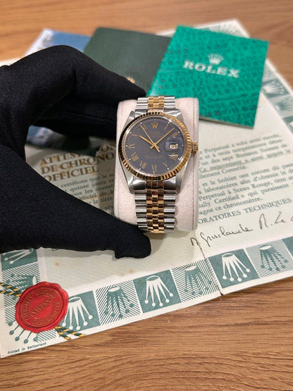 Rolex DateJust 36 Ref: 16013 Two-Tone ŵ Rare Blue Buckley Dial Papers
