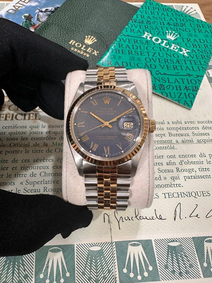 Rolex DateJust 36 Ref: 16013 Two-Tone ŵ Rare Blue Buckley Dial Papers