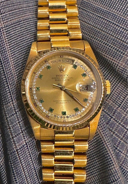 Rolex Day-Date 18238 Gold String Diamond Emerald Hour Markers Dial