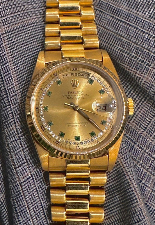 Rolex Day-Date 18238 Gold String Diamond Emerald Hour Markers Dial